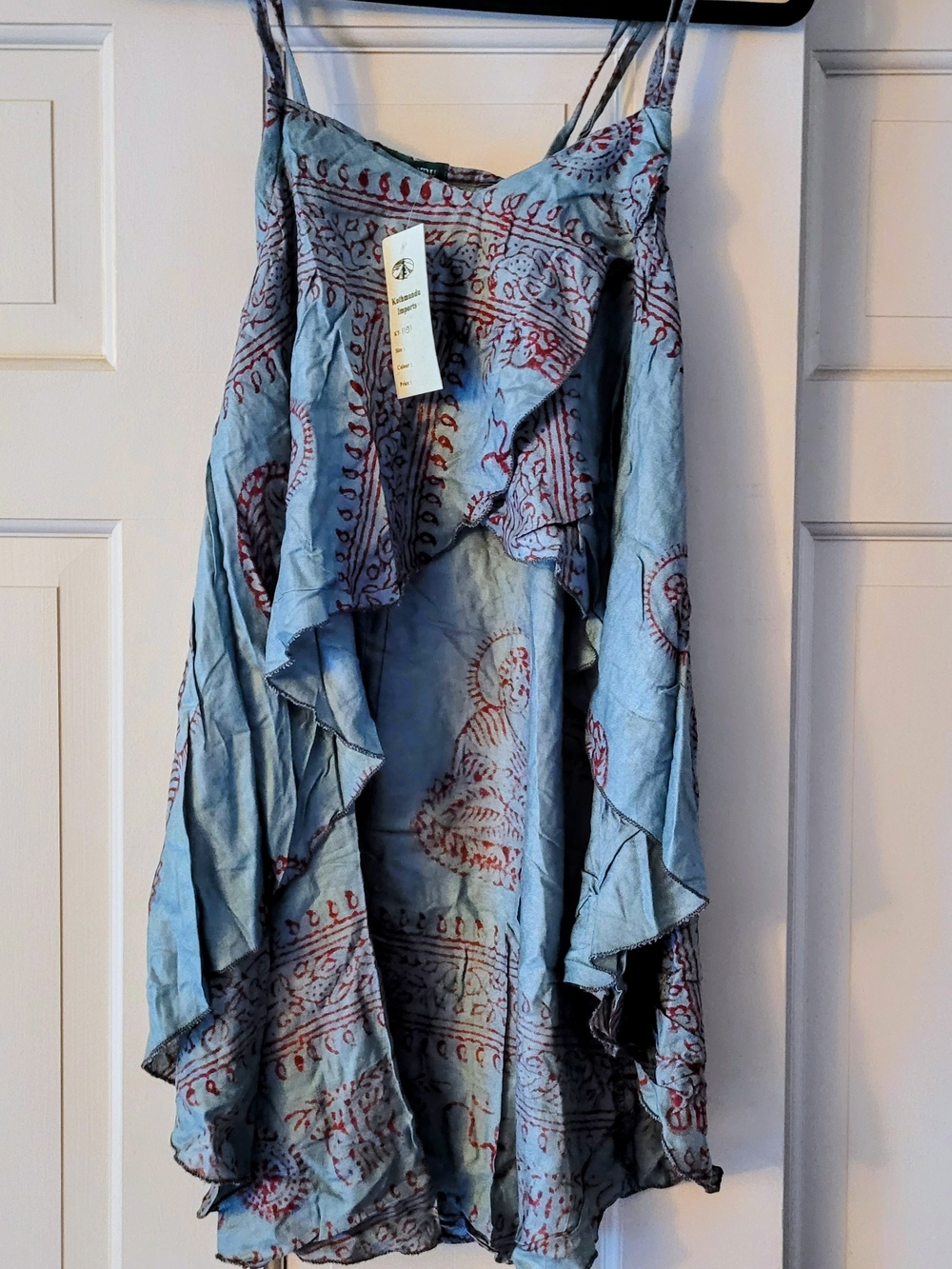 Boho High Low Tiered Ruffle Sleeveless Tank Top - Light Blue Paisley OS NWT